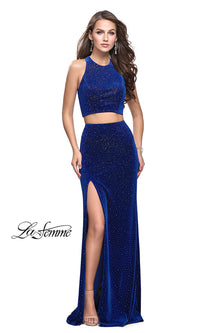 Long Beaded Velvet Two-Piece Prom Dress