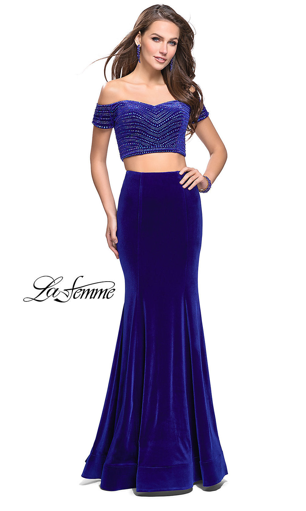 La Femme-Long Two-Piece Off-the-Shoulder Velvet La Femme Prom Dress