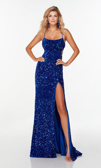Allover-Sequin Long Prom Dress with Strappy Back