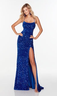 Allover-Sequin Long Prom Dress with Strappy Back