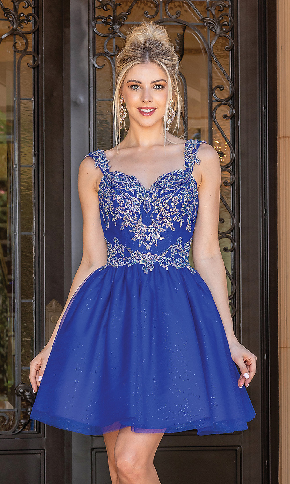 Glitter-Embroidered Short Prom Dress - PromGirl Peach / XLarge Glitter-Embroidered Short Prom Dress - PromGirl Peach / XLarge