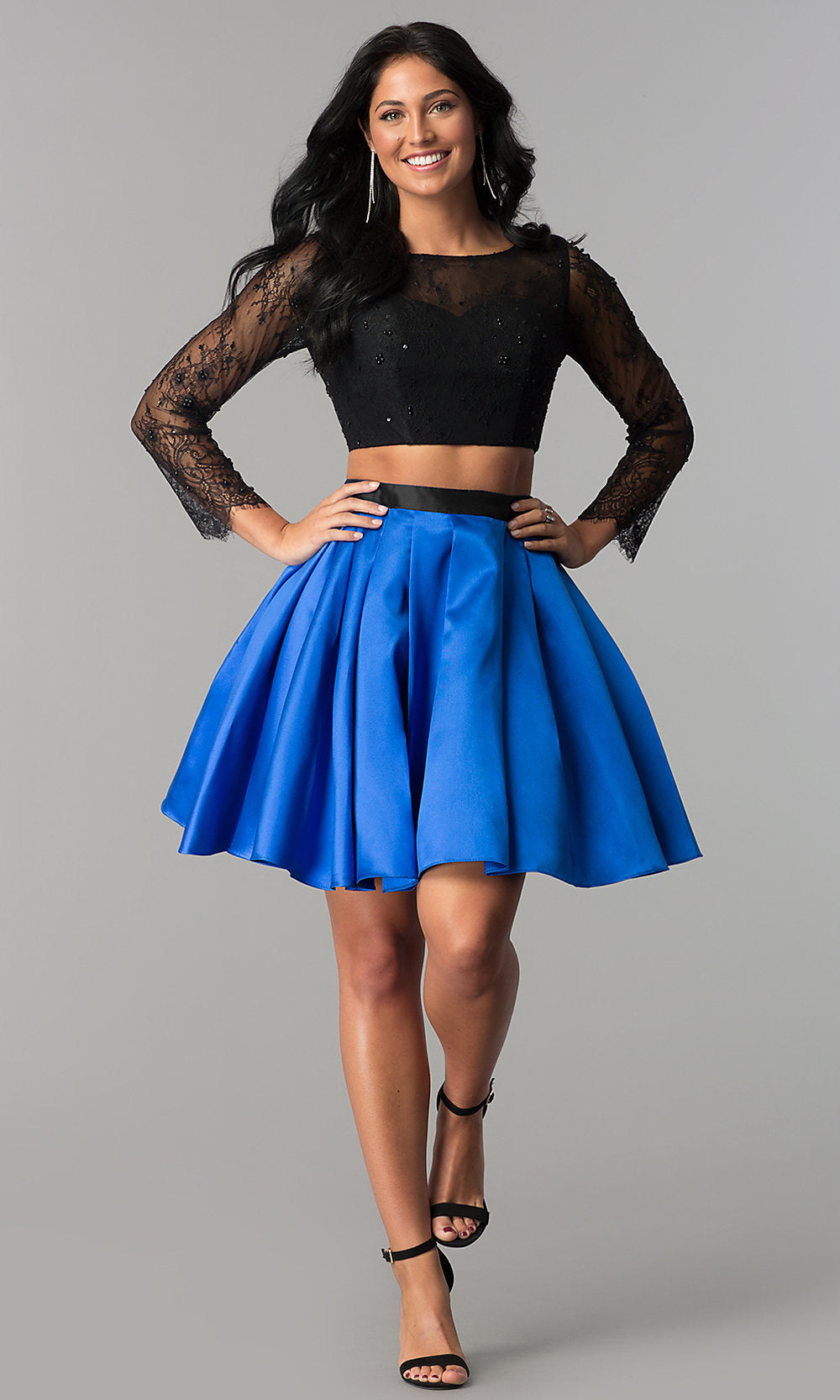 Long-Sleeve Two-Piece Short Pleated Homecoming Dress