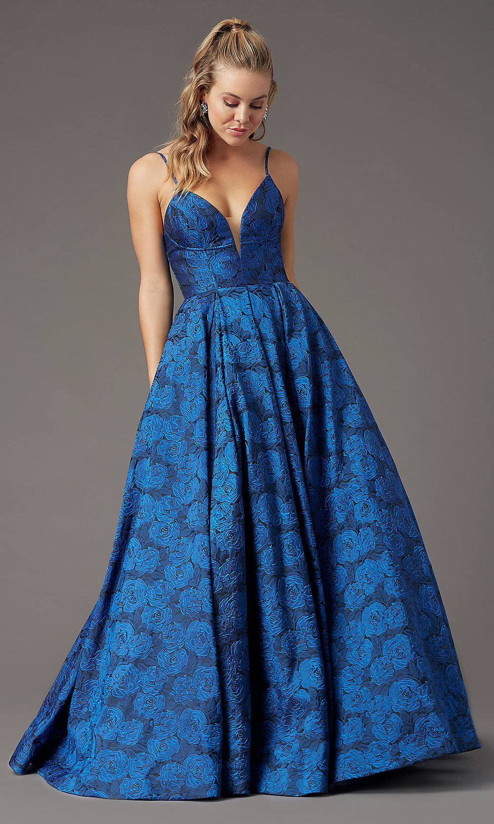 Long Floral-Print Brocade Prom Dress by PromGirl