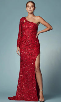 One-Shoulder Long Black Sequin Prom Gown