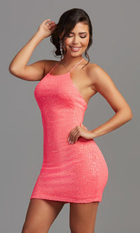 Jump-Short Salmon Pink Sequin Tie-Back Homecoming Dress
