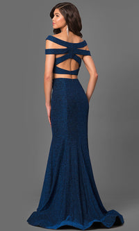 La Femme-Glitter Jersey Two-Piece Off-the-Shoulder Gown