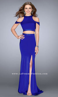 La Femme-Two Piece Open Back Jersey Long Prom Dress