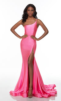 One-Shoulder Bright Pink Long Satin Prom Dress