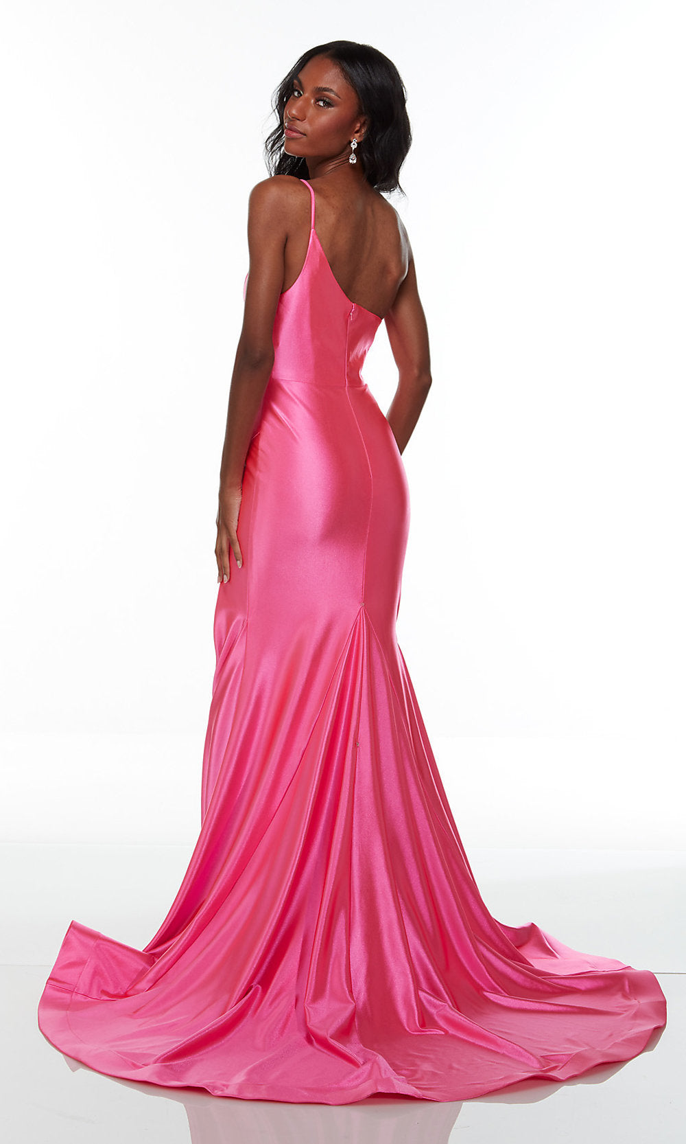 One-Shoulder Bright Pink Long Satin Prom Dress