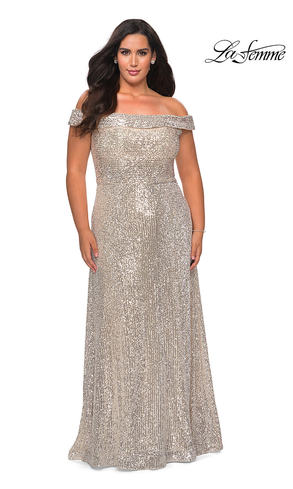 La Femme Off-Shoulder Plus-Size Long Sequin Dress