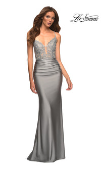 La Femme-La Femme Long Prom Dress with Sheer Lace Bodice