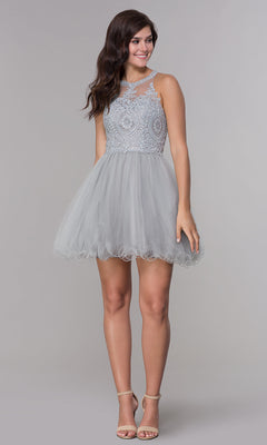 Narianna-Short Babydoll Homecoming Dress with Beading