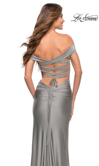 La Femme Off-the-Shoulder Long Silver Prom Dress