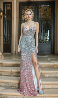 Dancing Queen-Ombre Silver and Rose Gold Long Sequin Prom Dress