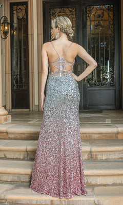 Dancing Queen-Ombre Silver and Rose Gold Long Sequin Prom Dress