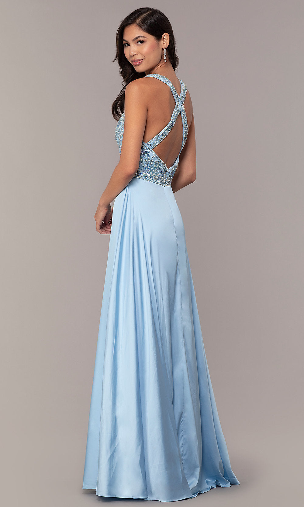 Embellished-Bodice Faux-Wrap Long Prom Dress -PromGirl