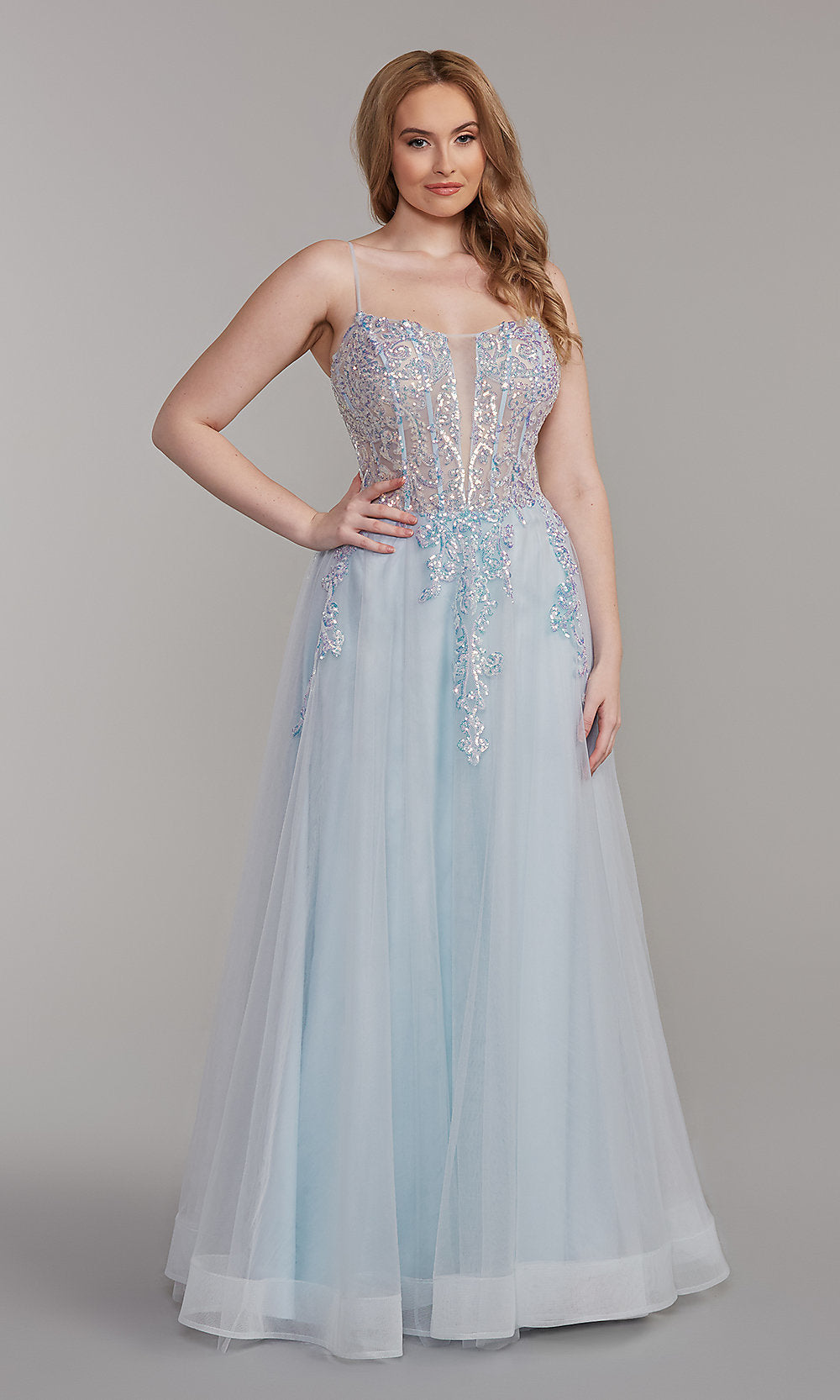 PromGirl Metallic-Bodice Long A-Line Prom Dress