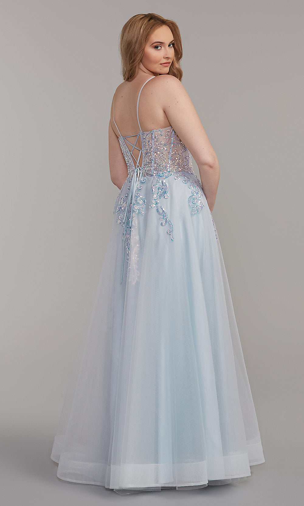 PromGirl Metallic-Bodice Long A-Line Prom Dress