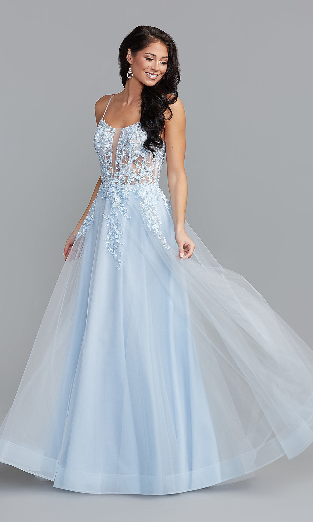 Sheer-Bodice Long Blue A-Line Prom