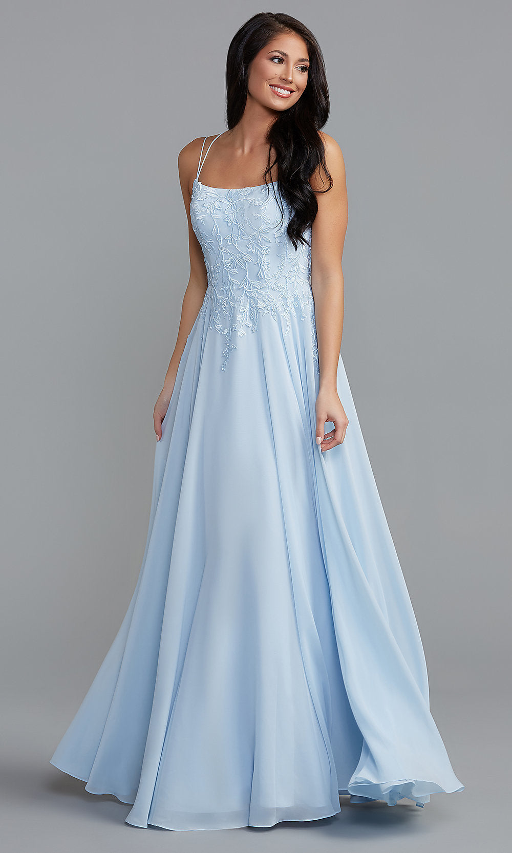 Long Embroidered-Bodice A-Line Prom Dress - PromGirl