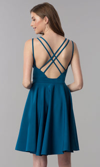 Dave and Johnny-Short Teal Homecoming Dress with Triple Straps