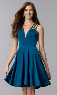 Dave and Johnny-Short Teal Homecoming Dress with Triple Straps