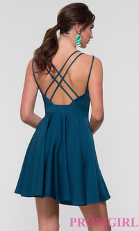 Dave and Johnny-Short Teal Homecoming Dress with Triple Straps