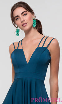 Dave and Johnny-Short Teal Homecoming Dress with Triple Straps