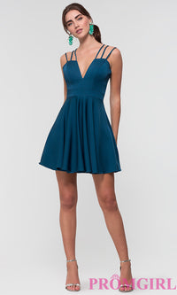 Dave and Johnny-Short Teal Homecoming Dress with Triple Straps