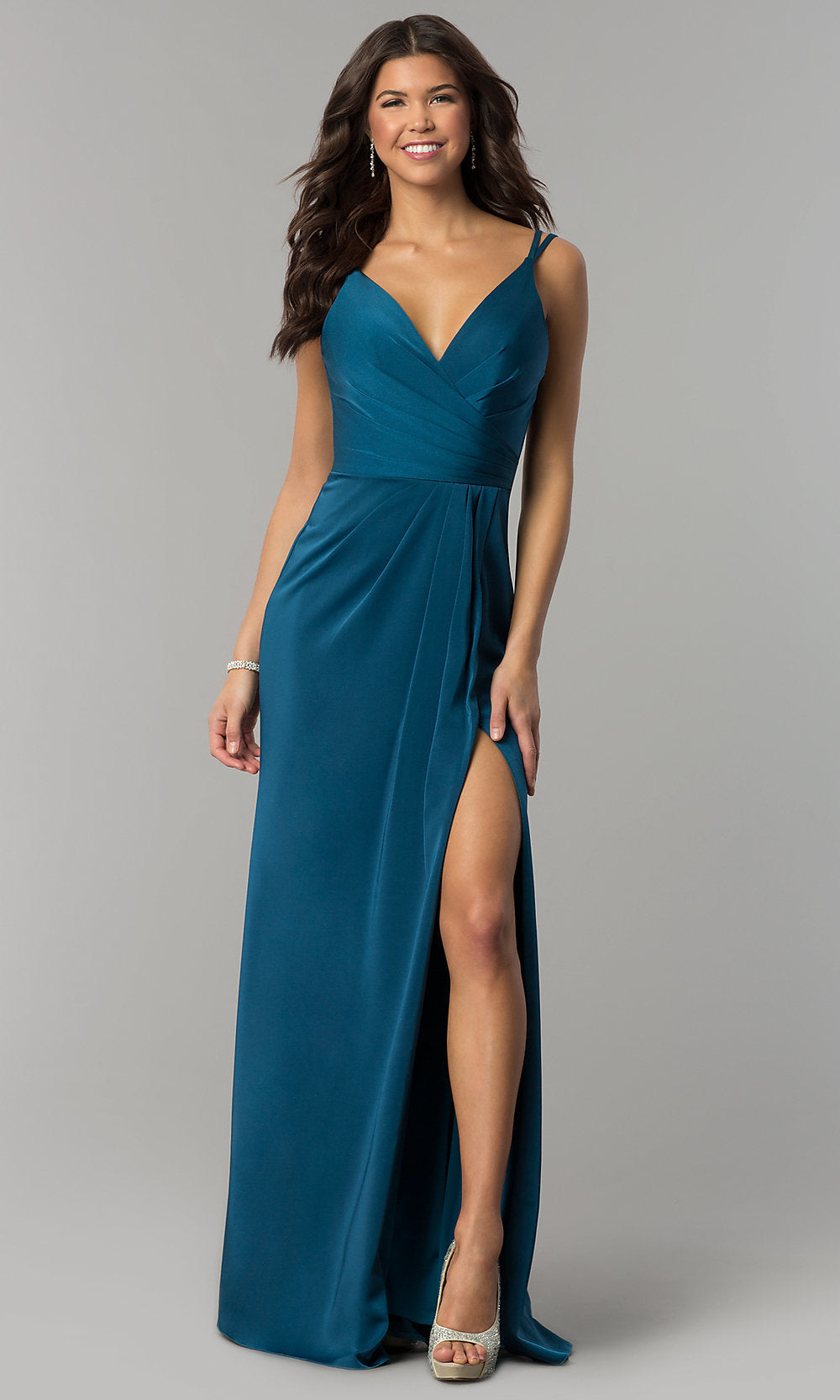 Faviana V-Neck Ruched Open-Back Floor Length Dress