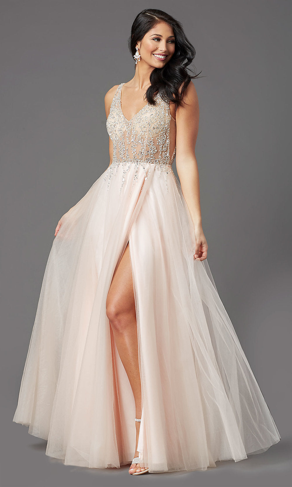 Sheer-Bodice Long Prom Ball Gown by PromGirl