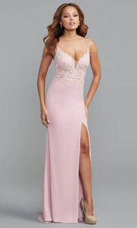 PromGirl Long Pink Prom Dress with Sheer Bodice