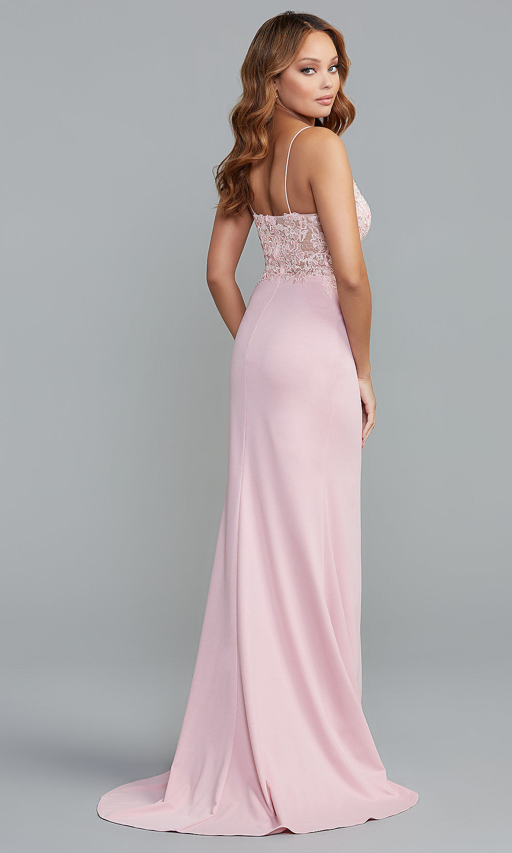 PromGirl Long Pink Prom Dress with Sheer Bodice
