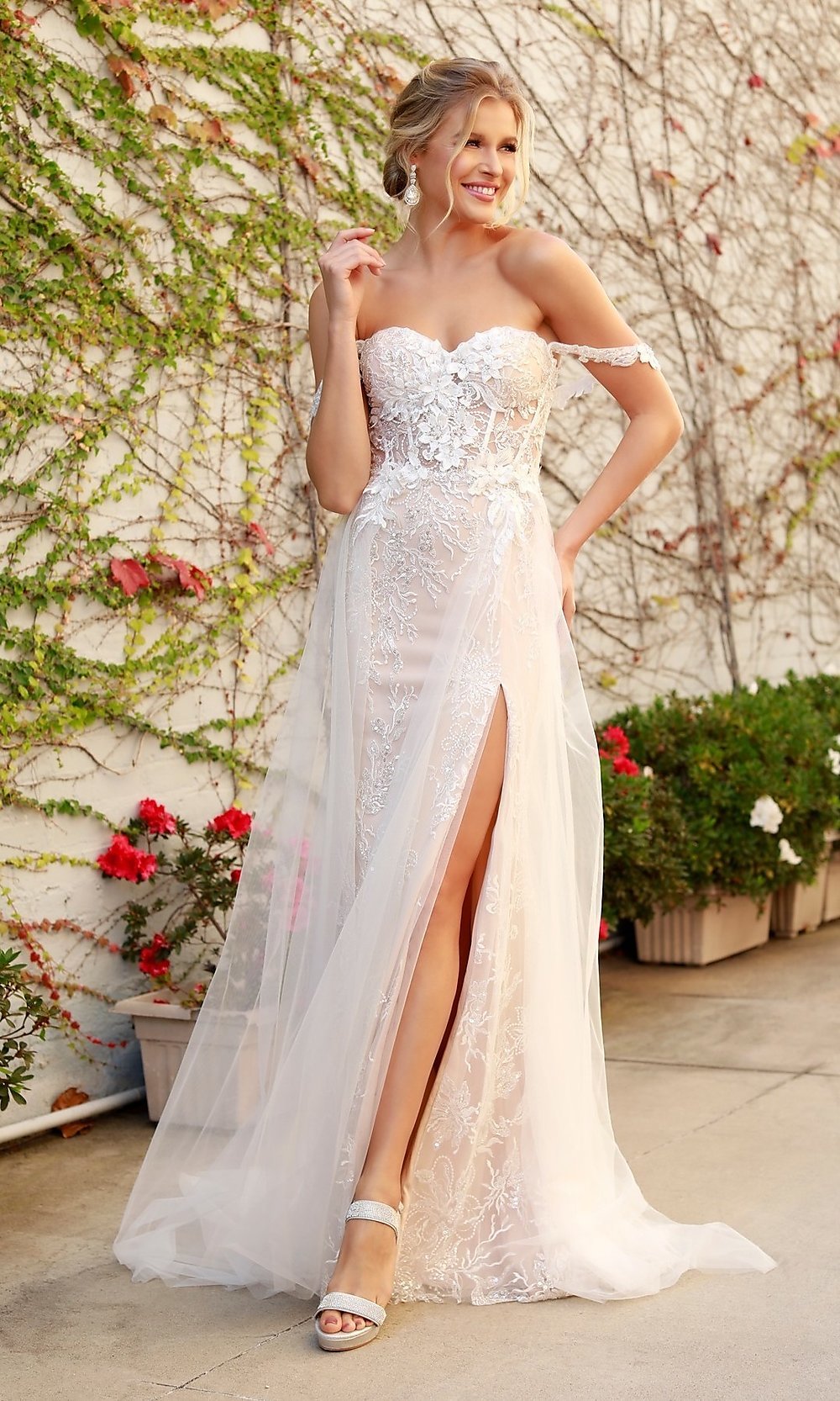 Embellished White Lace Long Prom Dress - PromGirl
