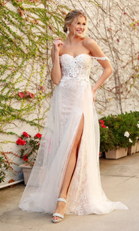 Narianna-White Embellished Long Lace Prom Dress with Tulle