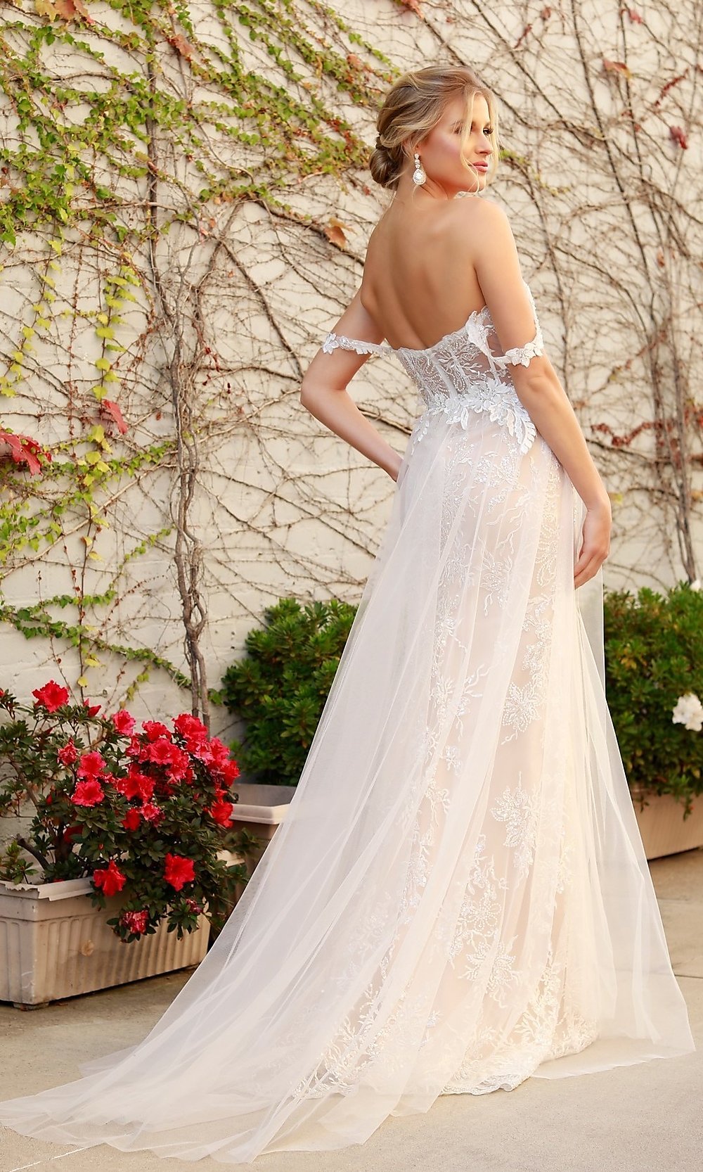 Embellished White Lace Long Prom Dress - PromGirl