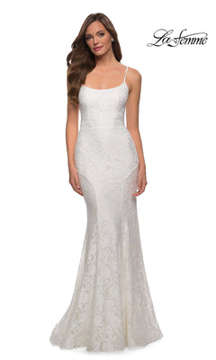 La Femme-Corset-Back Floral-Lace Long La Femme Prom Dress