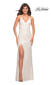 Strappy-Back La Femme Long Sequin V-Neck Prom Dress