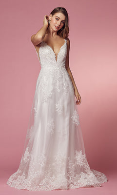 Lace-Applique V-Neck Long White Formal Ball Gown White / 4 Lace-Applique V-Neck Long White Formal Ball Gown White / 4