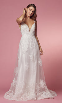 Narianna-Lace-Applique V-Neck Long White Formal Ball Gown