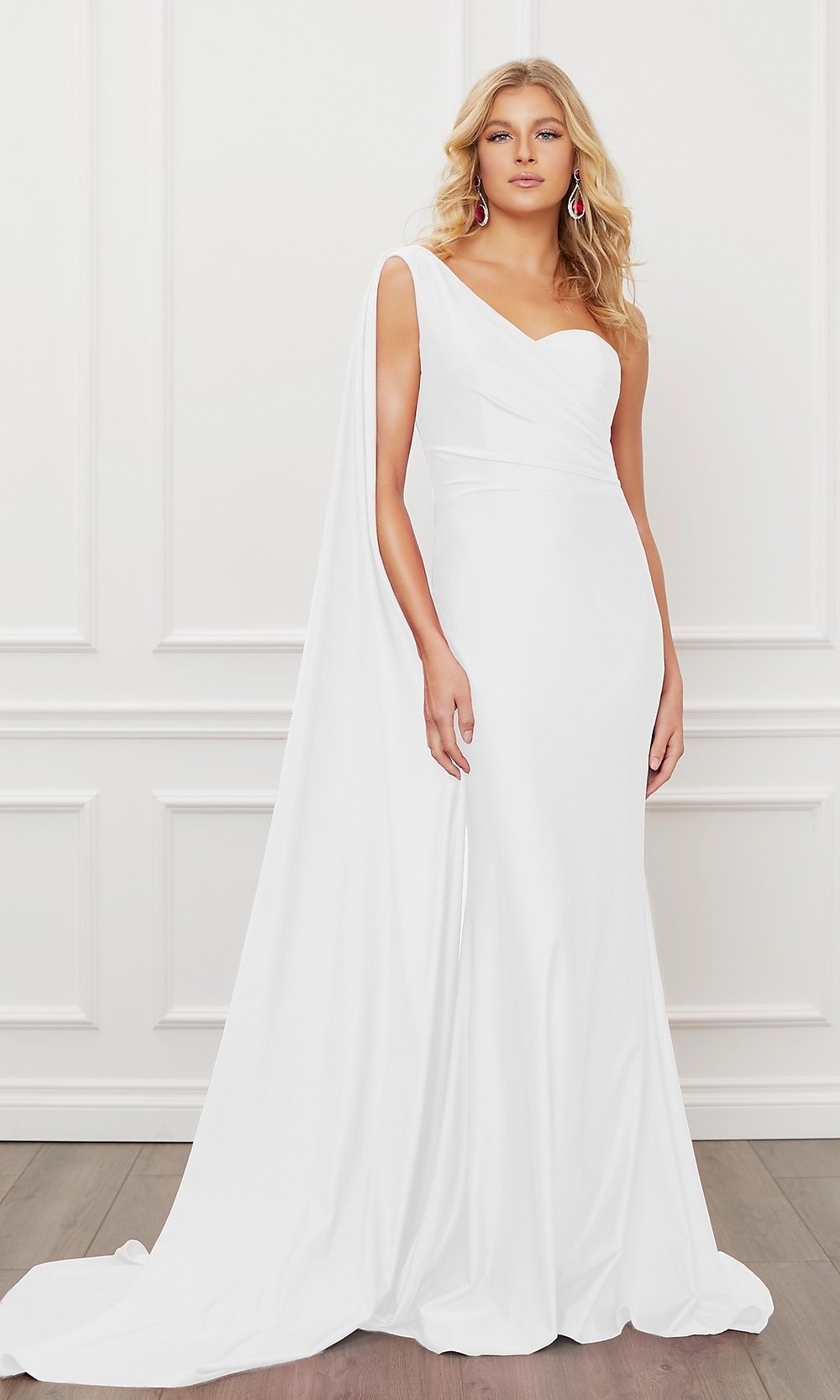 Narianna-White Long Formal Prom Gown with One-Shoulder Cape