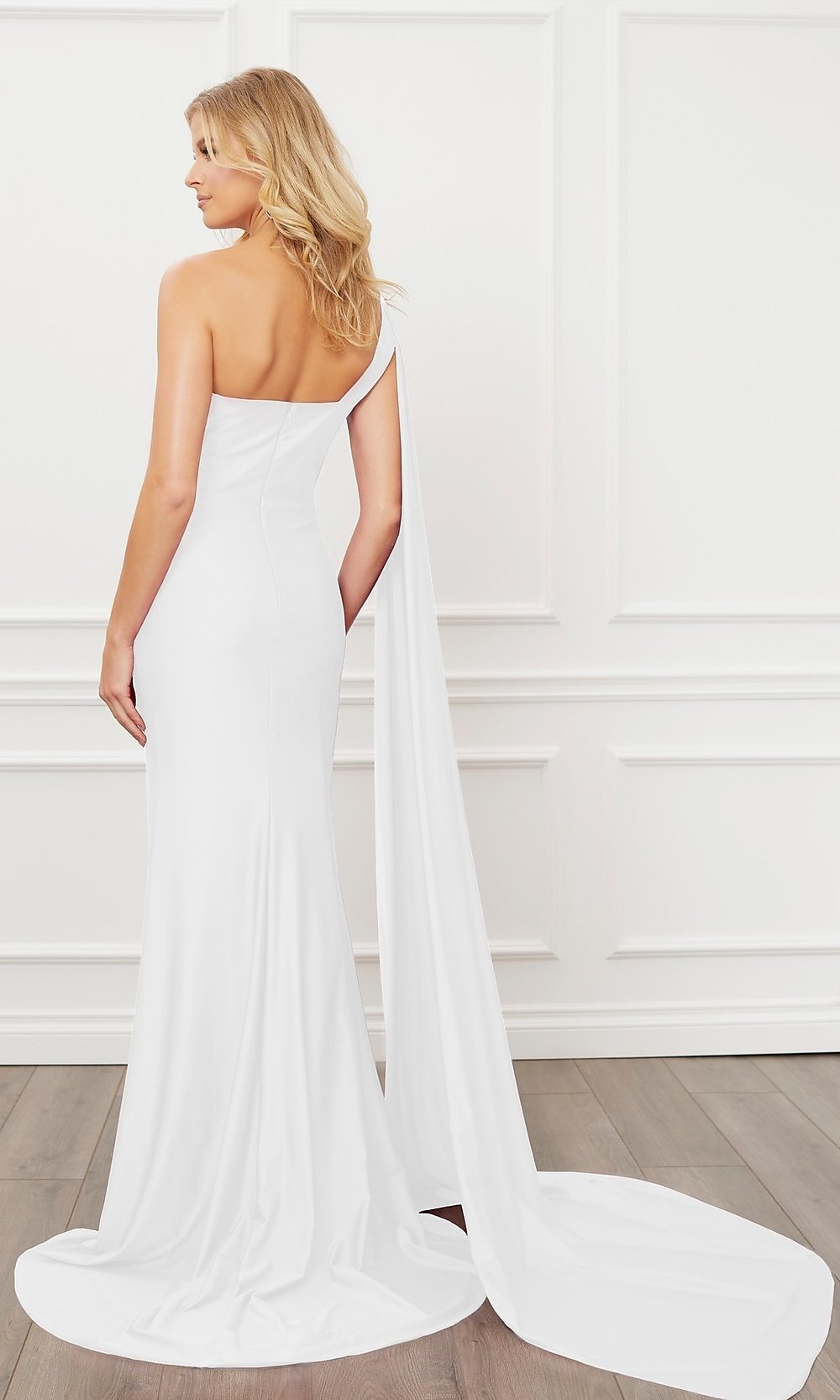 Narianna-White Long Formal Prom Gown with One-Shoulder Cape