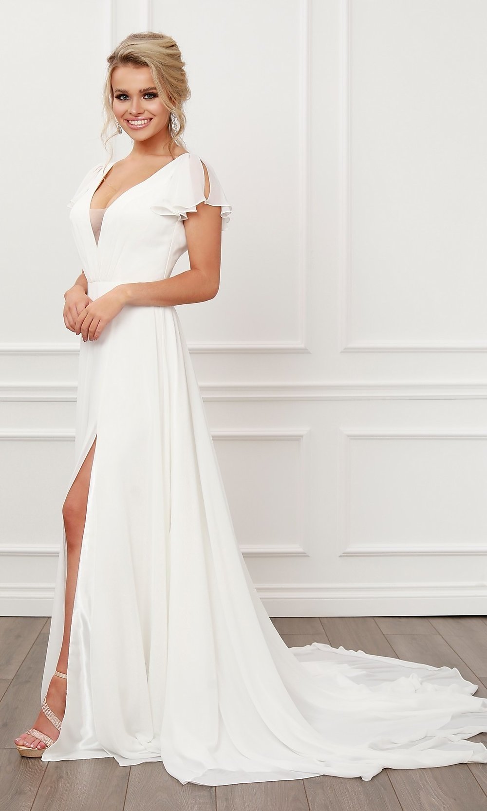 Narianna-White Flutter-Sleeve Long Chiffon Bridal Gown