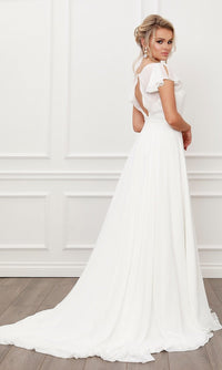 Narianna-White Flutter-Sleeve Long Chiffon Bridal Gown