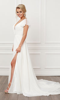 Narianna-White Flutter-Sleeve Long Chiffon Bridal Gown