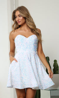 Narianna-Sparkly Sequin White Strapless Short Hoco Dress