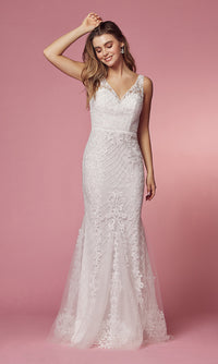 Narianna-Embroidered-Tulle Long Prom Dress with Deep V-Back