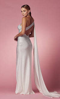 Beaded One-Shoulder Long White Formal Caped Dress