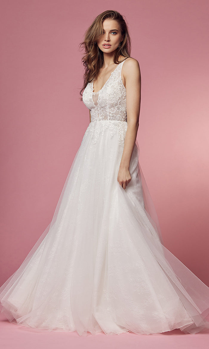 White Lace-Embroidered Ball-Gown Wedding Dress