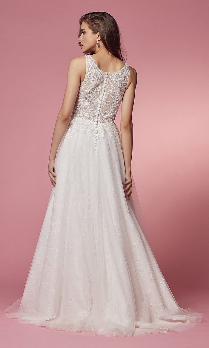 White Lace-Embroidered Ball-Gown Wedding Dress